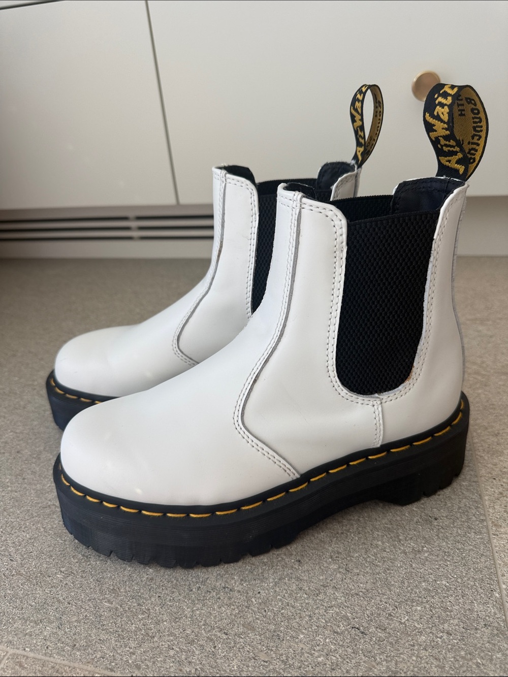 Dr. Martens White Leather Chelsea Platform Boots with Black Elastic